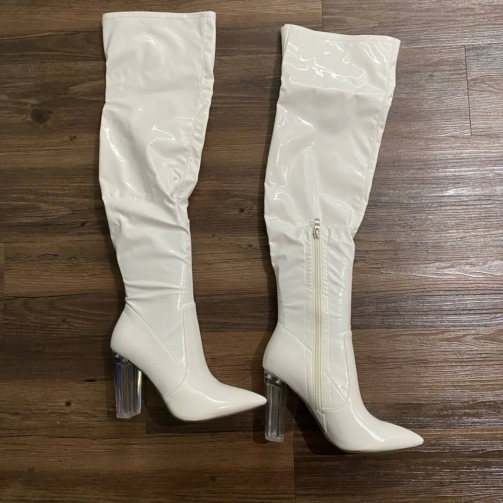 London Rag White Patent Over The Knee Boots Clear Block Heel‎ SH2544 Size 7 US